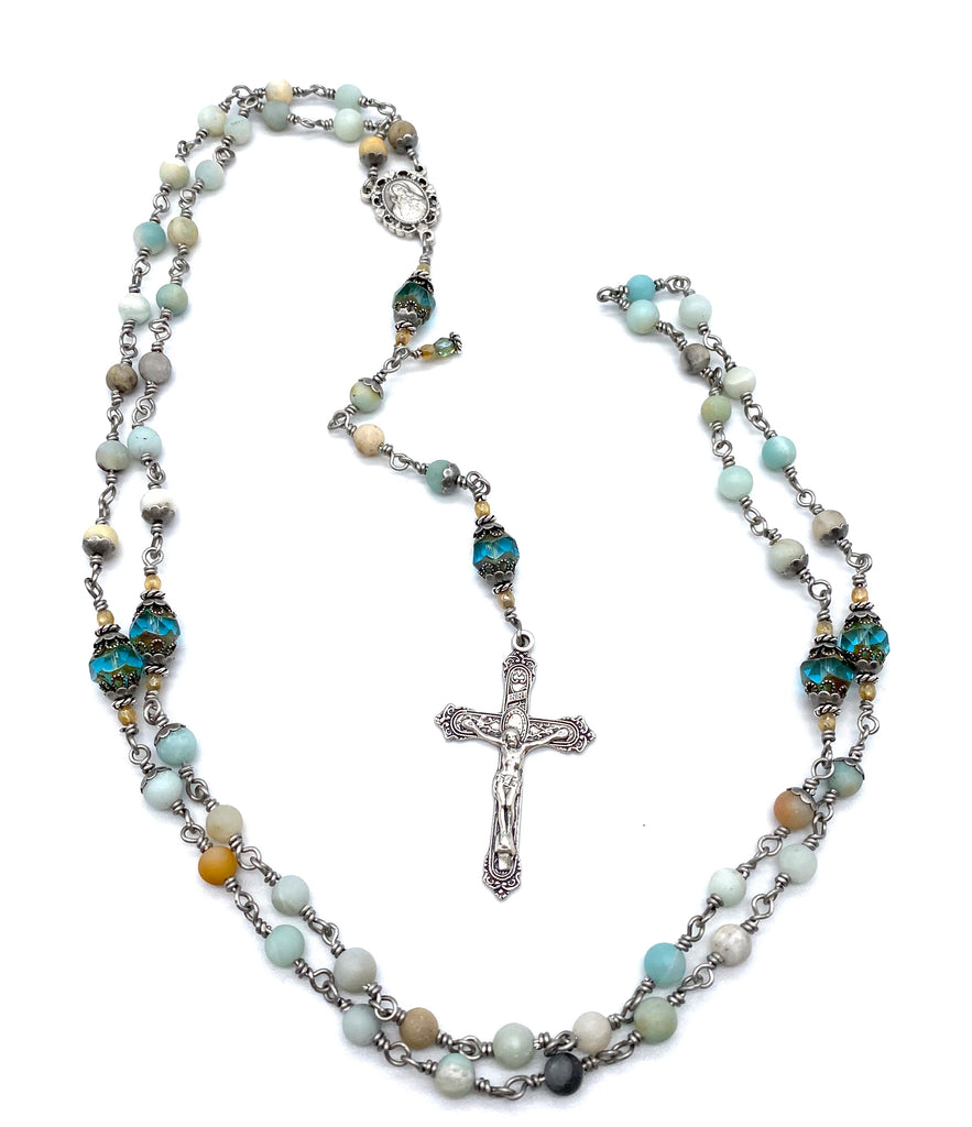 handcrafted vintage inspired antique silver amazonite matte gemstone wire wrapped catholic heirloom rosary medium