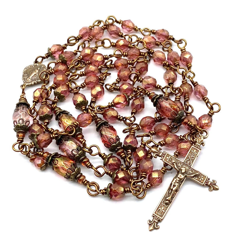 Antique Rose Czech Glass Wire Wrapped Catholic Heirloom Rosary Medium