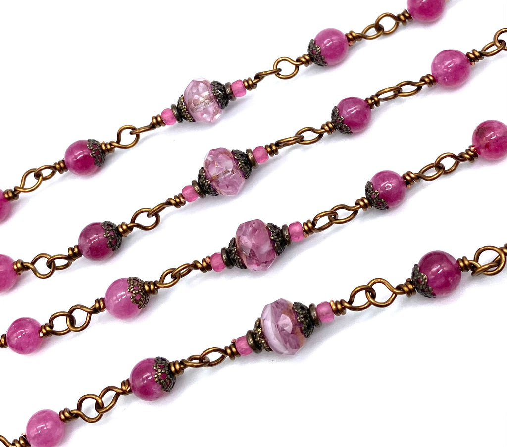 Berry Pink Chalcedony Gemstone Wire Wrapped Catholic Heirloom Rosary Medium