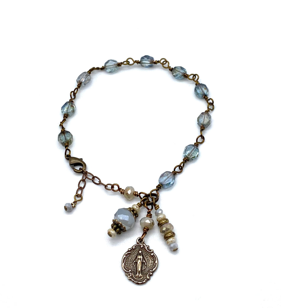 handcrafted vintage inspired blue czech glass wire wrapped catholic heirloom miraculous medal devotional bracelet