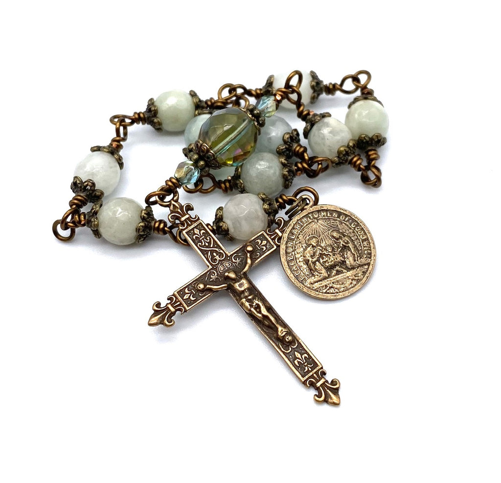 handcrafted vintage inspired blue aquamarine gemstone wire wrapped catholic heirloom tenner rosary
