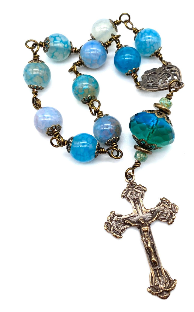 Blue Haze Fire Agate Gemstone BIG BEAD Catholic Heirloom Travel Rosary