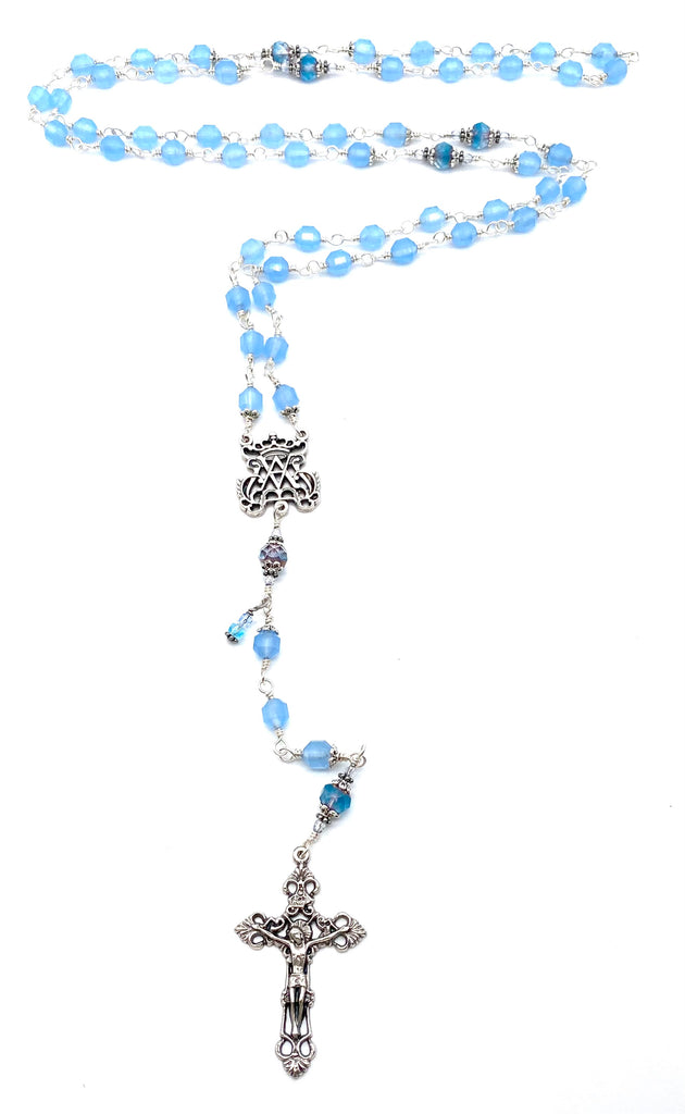 Silver Blue Jade Prism Gemstone Wire Wrapped Catholic Heirloom Rosary Large