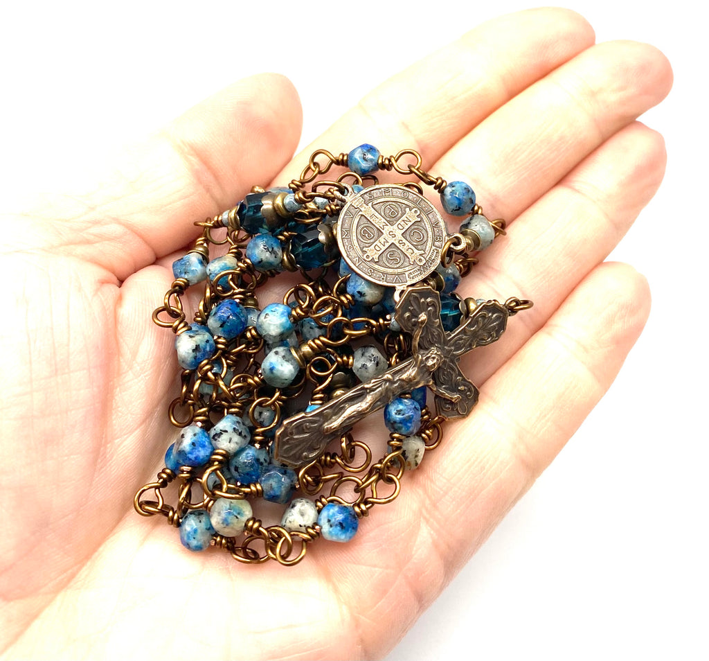Blue K2 Granite Gemstone Wire Wrapped Catholic Heirloom Rosary Medium