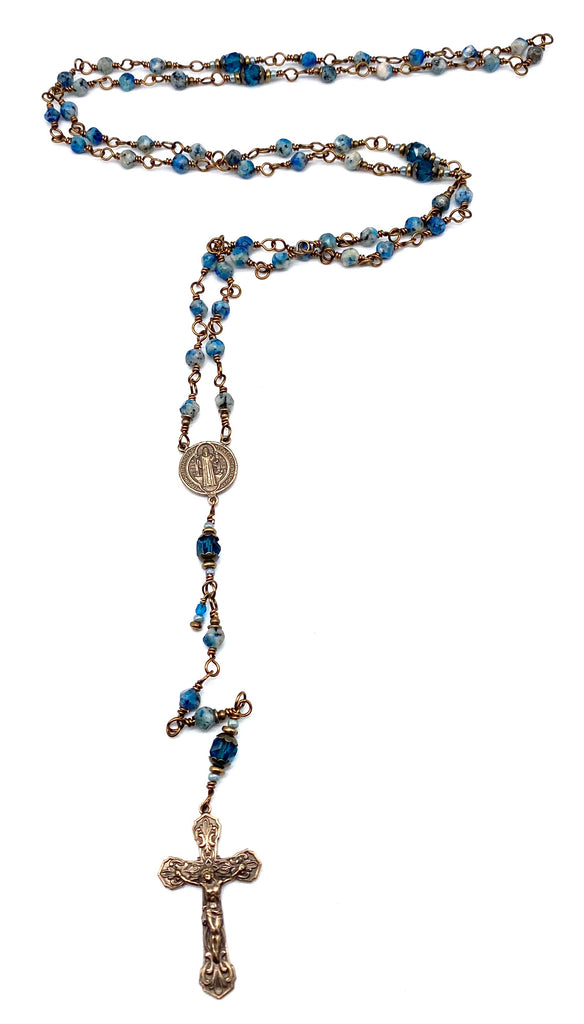 Blue K2 Granite Gemstone Wire Wrapped Catholic Heirloom Rosary Medium