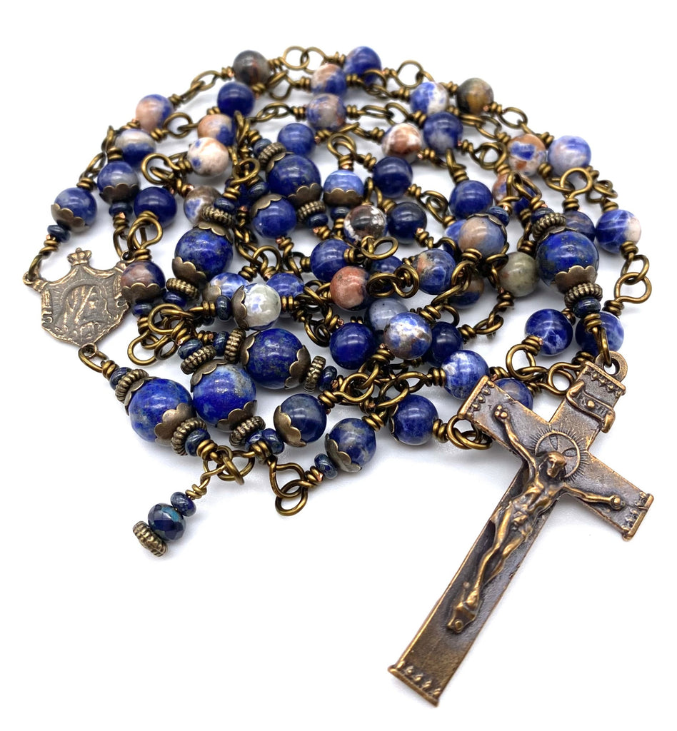 Blue Orange Sodalite Gemstone Wire Wrapped Catholic Heirloom Rosary Medium