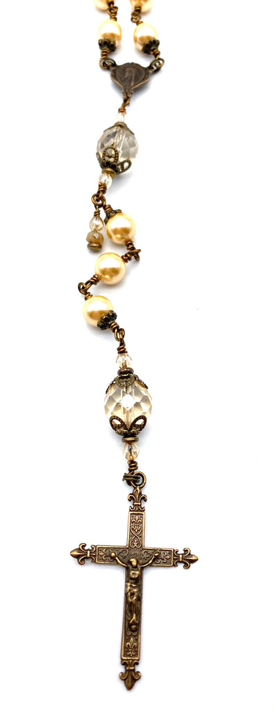 Champagne Shell Pearl Wire Wrapped Catholic Heirloom Travel Rosary