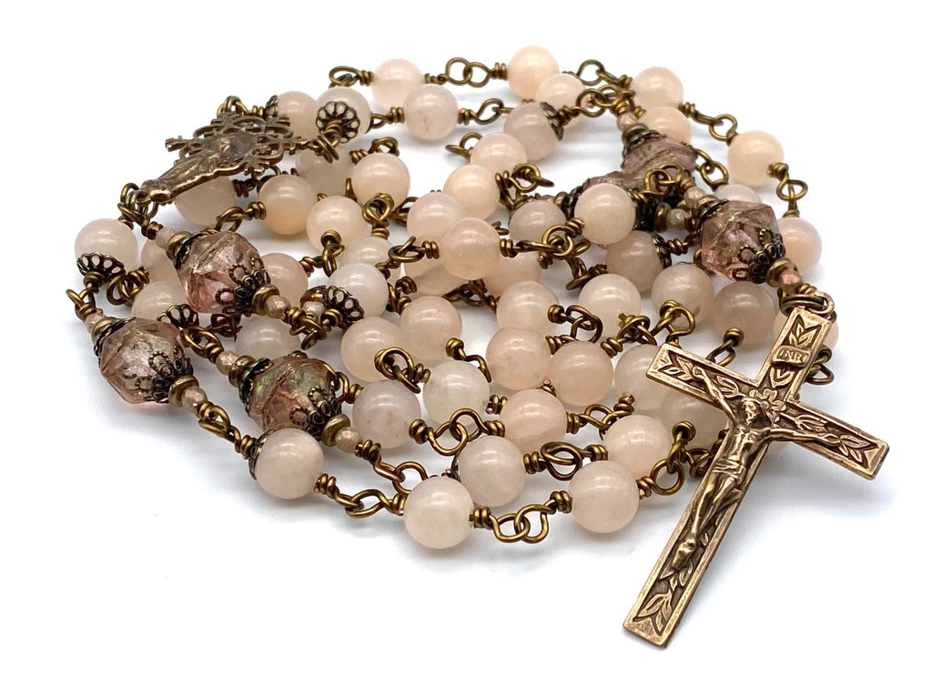 handcrafted vintage inspired peachy chalcedony gemstone wire wrapped catholic heirloom rosary large