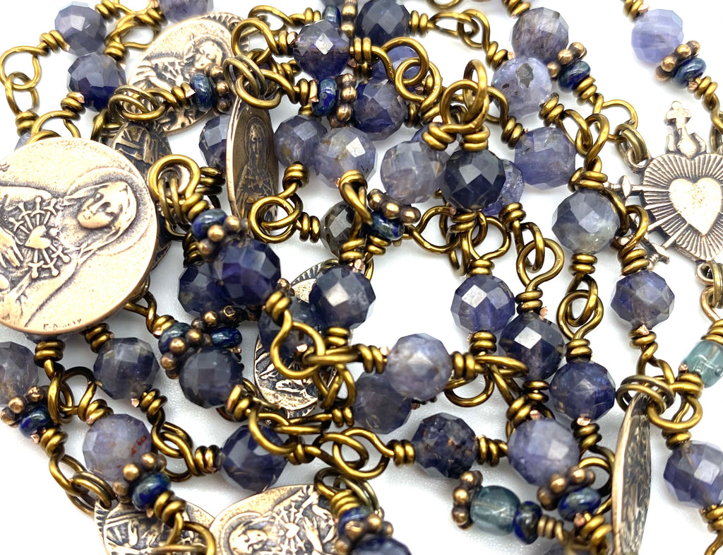 Denim Iolite Gemstone Wire Wrapped Catholic Heirloom Rosary of the Seven Sorrows Med