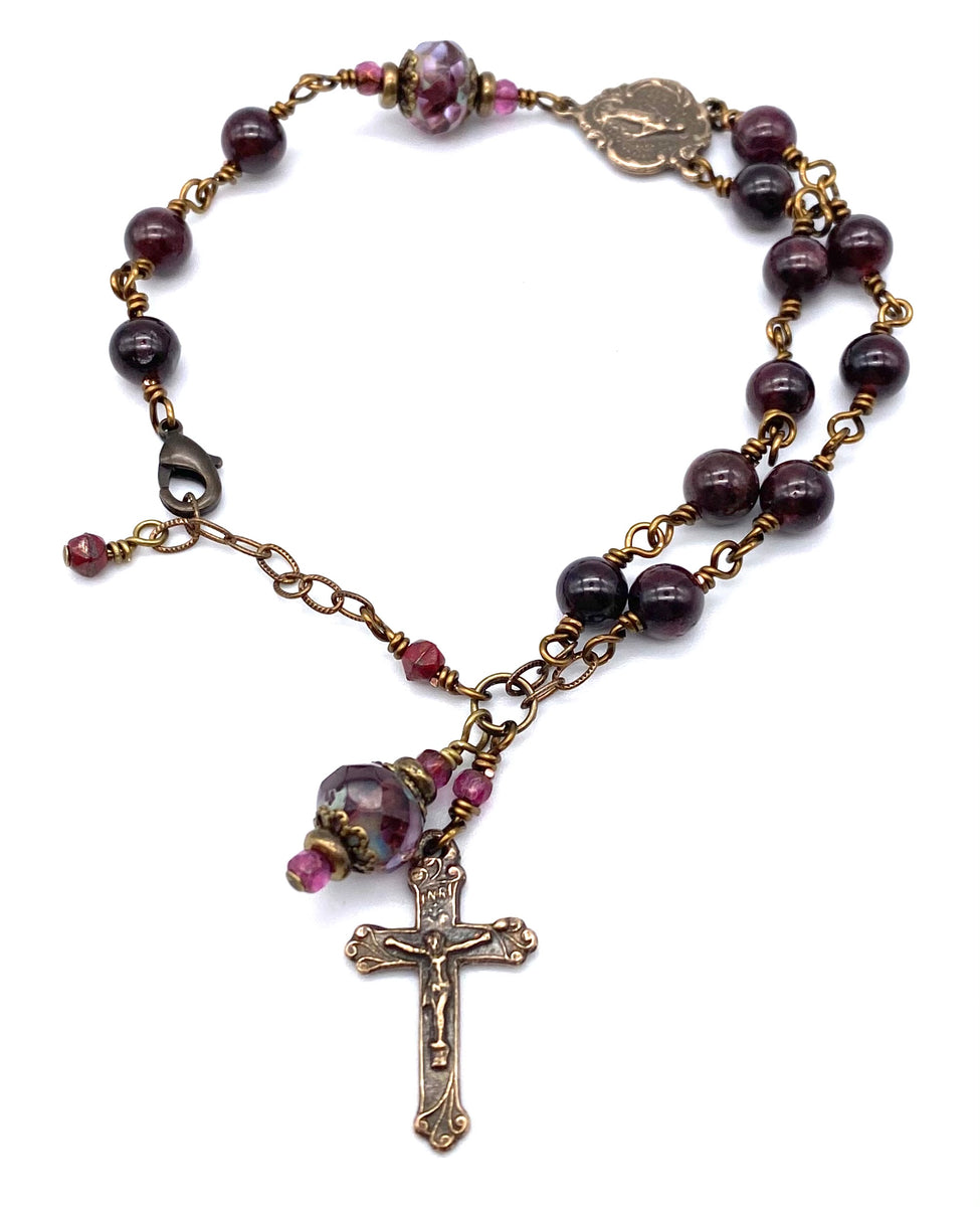 High Quality Garnet Rosary With Pardon Crucifix Wire-Wrapped in Bronze