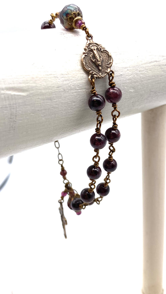 Garnet Gemstone Wire Wrapped Catholic Heirloom Rosary Devotional Bracelet