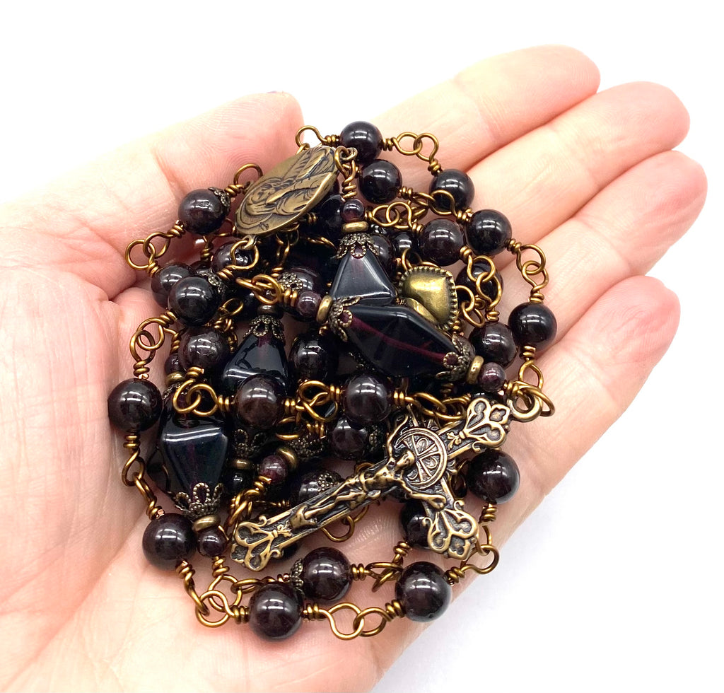 Garnet Gemstone Wire Wrapped Catholic Heirloom Rosary Large