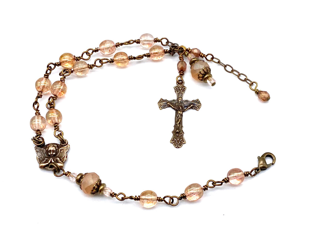 handcrafted vintage inspired golden blush czech glass wire wrapped catholic heirloom rosary devotional bracelet