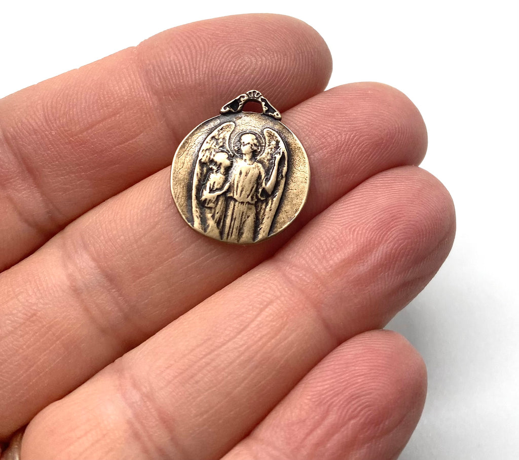 Solid Bronze GUARDIAN ANGEL Catholic Medal, Antique/Vintage Reproduction #PG7104