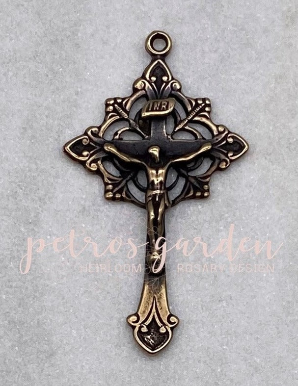 Solid Broze INTRICATE FLORAL Open-work Rosary Crucifix, Catholic Pendant, Antique/Vintage Reproduction #PG3109