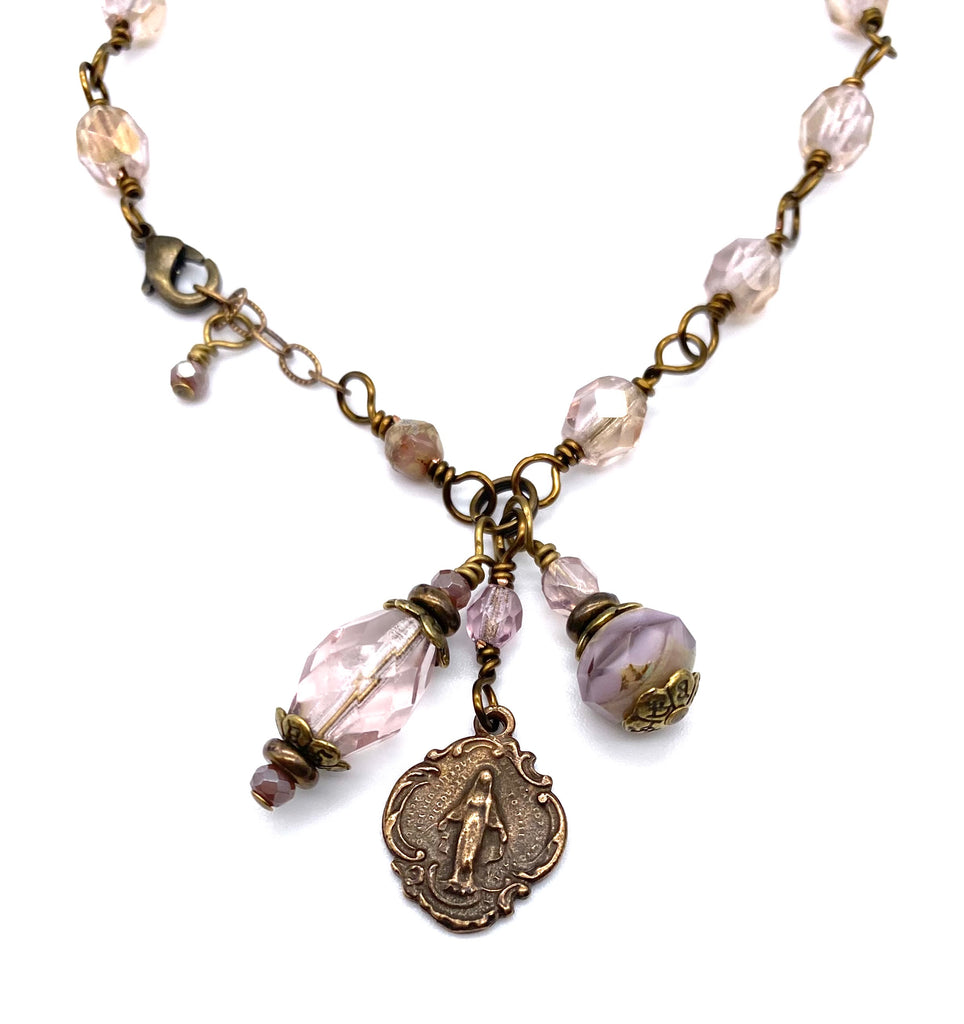 Light Mulberry Czech Glass Wire Wrapped Catholic Heirloom Miraculous Medal Devotional Bracelet