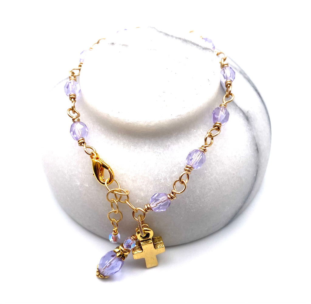 Gold Lilac Czech Glass Wire Wrapped Catholic Heirloom Rosary Devotional Bracelet