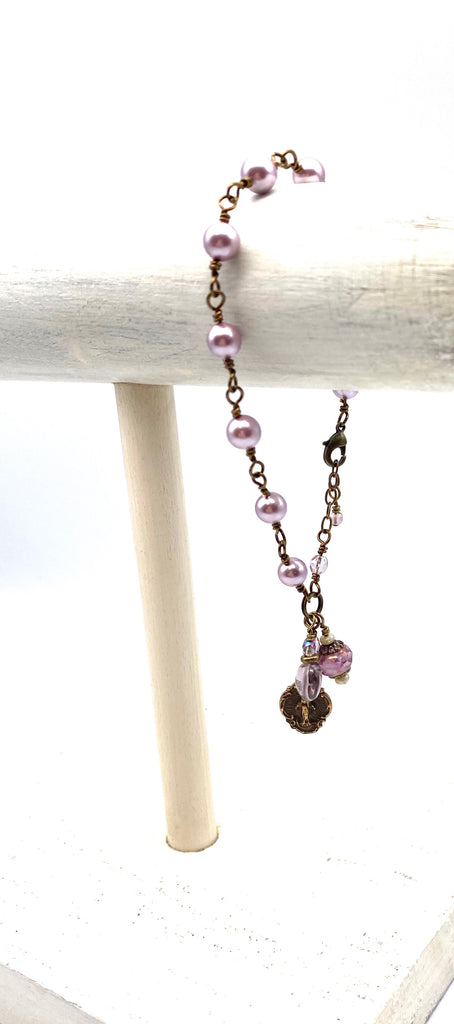 handcrafted vintage inspired lilac shell pearl wire wrapped catholic heirloom miraculous medal devotional bracelet