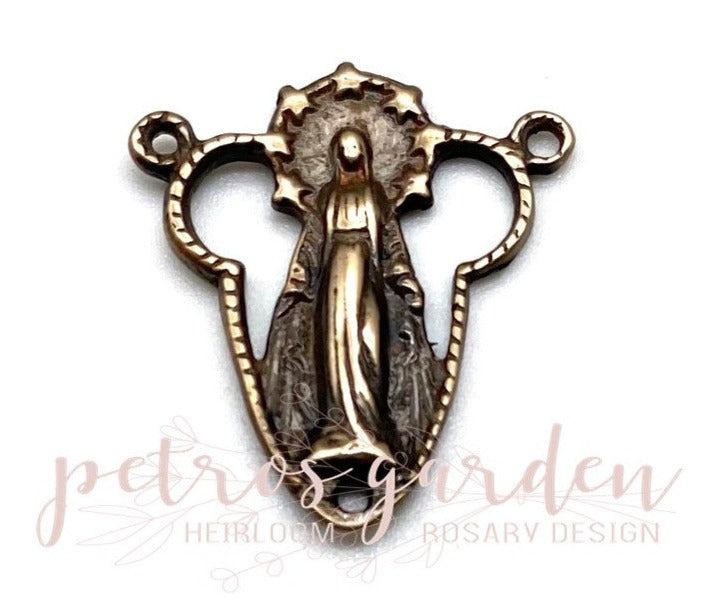 Solid Bronze MARY WITH STARS Rosary Center, Catholic Connector, Antique/Vintage Reproduction #PG2109