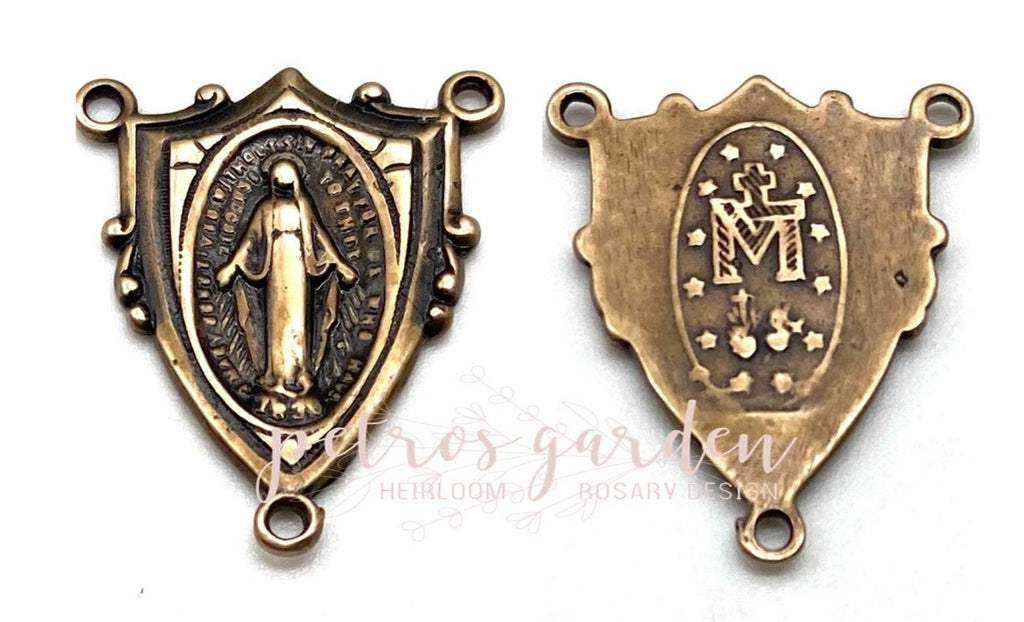 Solid Bronze MIRACULOUS MEDAL SHIELD Rosary Center, Catholic Connector, Antique/Vintage Reproduction #PG1114