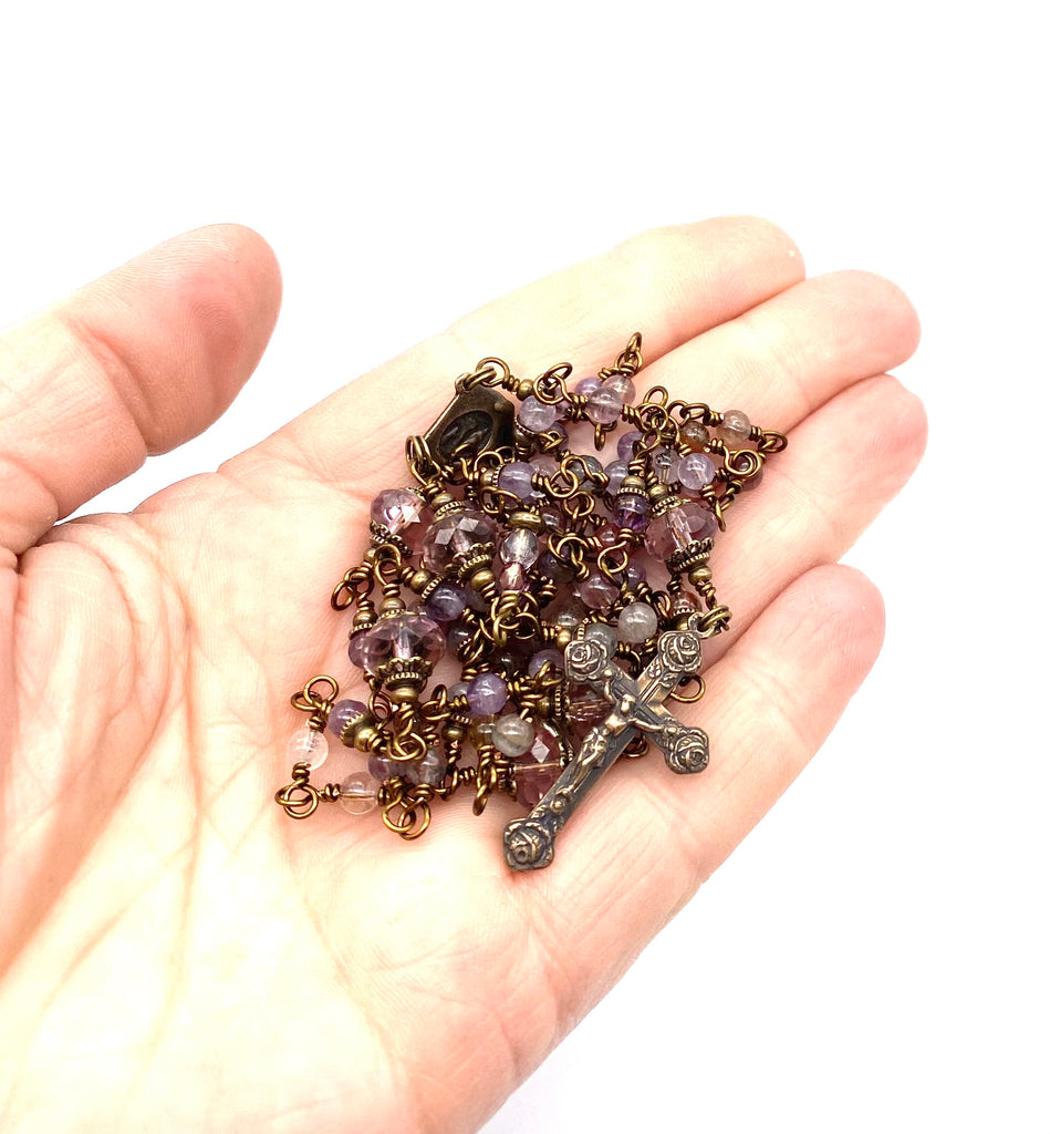 Natural Purple Quartz Gemstone Wire Wrapped Catholic Heirloom Rosary Petite