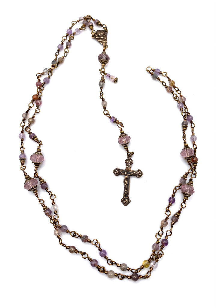 Natural Purple Quartz Gemstone Wire Wrapped Catholic Heirloom Rosary Petite