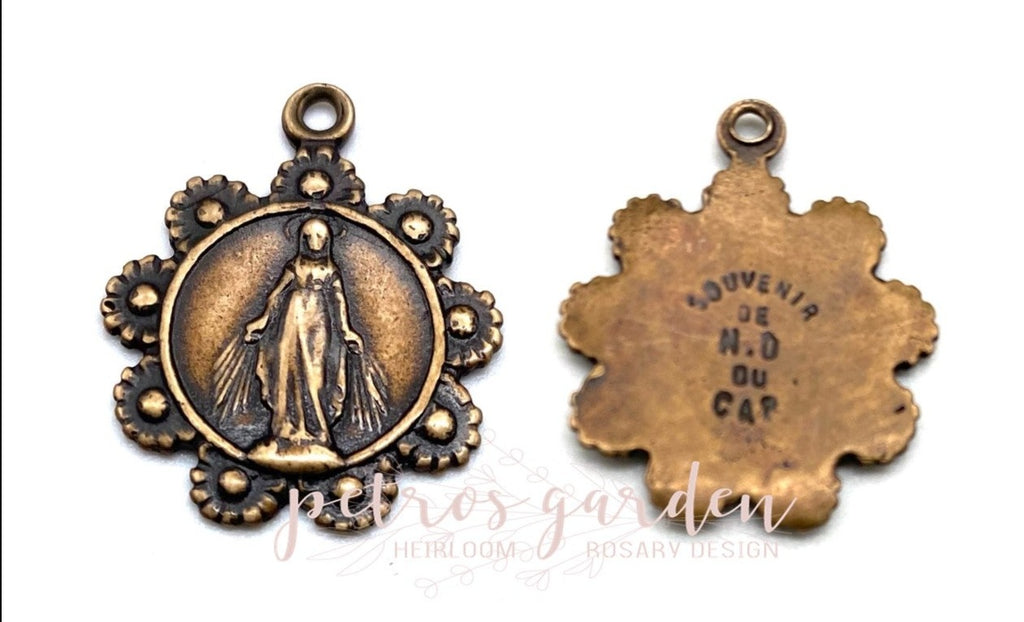 Solid Bronze OUR LADY WITH FLOWERS Circular Catholic Medal, Catholic Pendant, Antique/Vintage Reproduction #PG7117