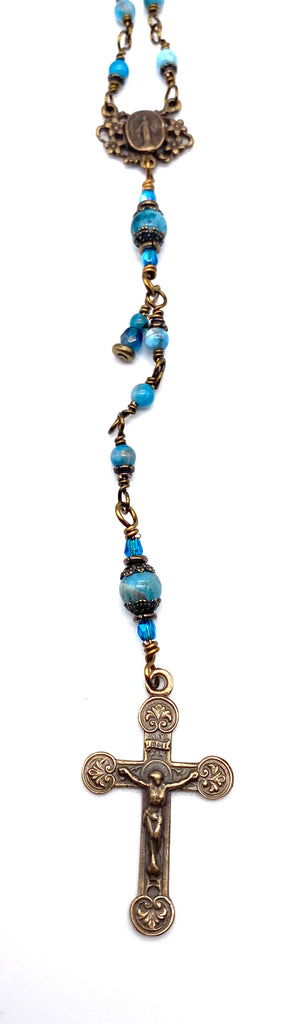 Pacific Blue Apatite Gemstone Wire Wrapped Catholic Heirloom Rosary Petite