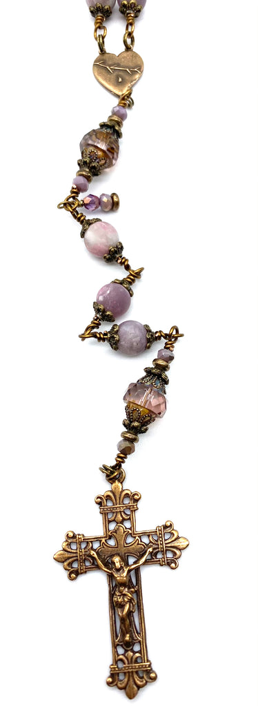 Pale Lilac Tourmaline Matte Wire Wrapped Gemstone Catholic Heirloom Travel Rosary