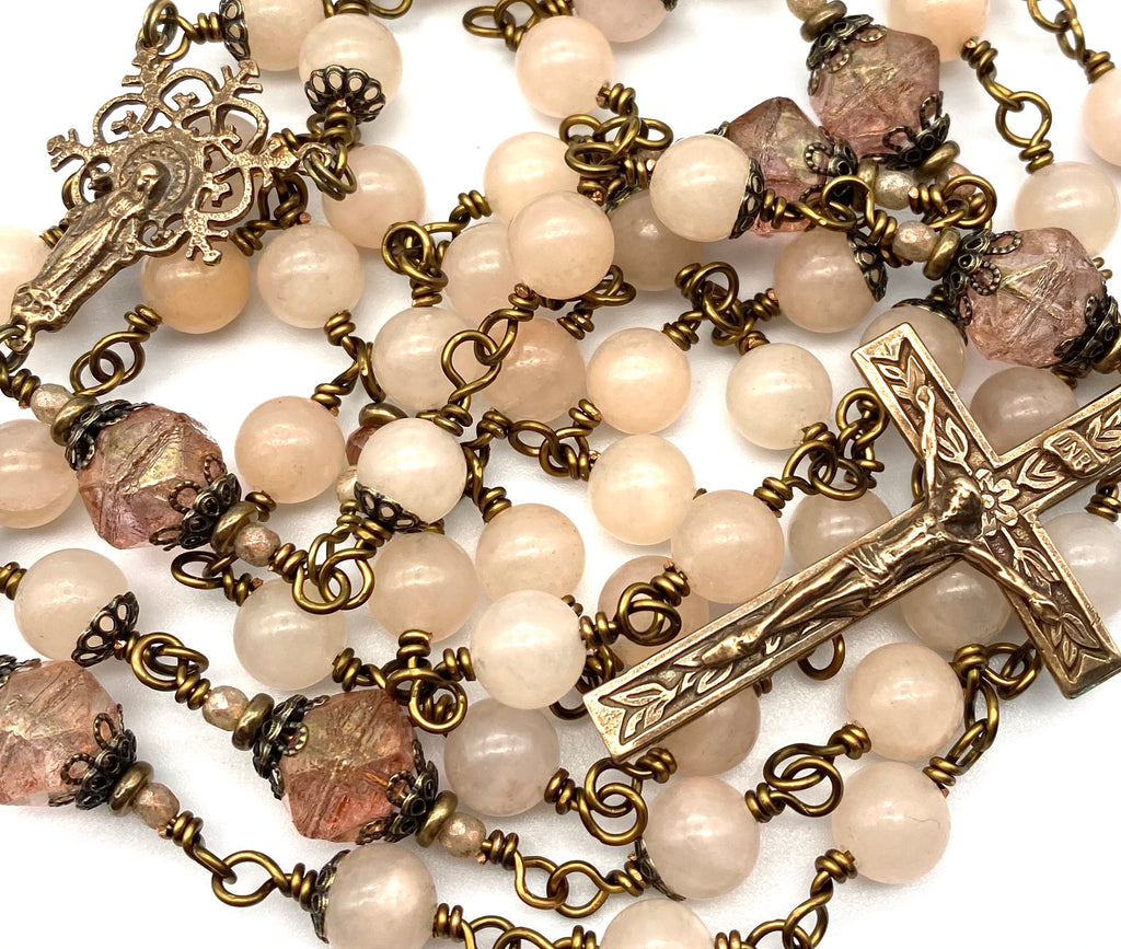 handcrafted vintage inspired peachy chalcedony gemstone wire wrapped catholic heirloom rosary large