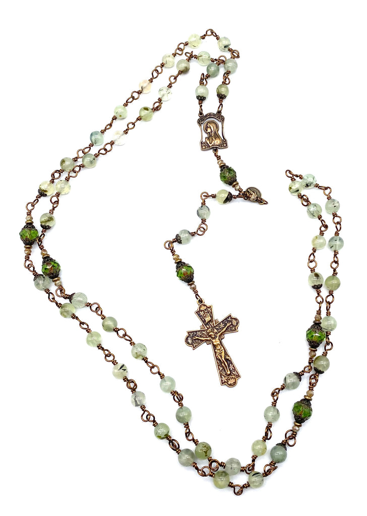 Prehnite Gemstone Wire Wrapped Catholic Heirloom Rosary Large