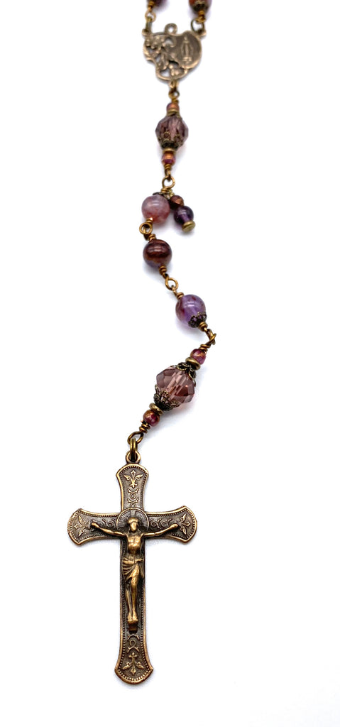 handcrafted vintage inspired purple quartz gemstone wire wrapped catholic heirloom rosary large