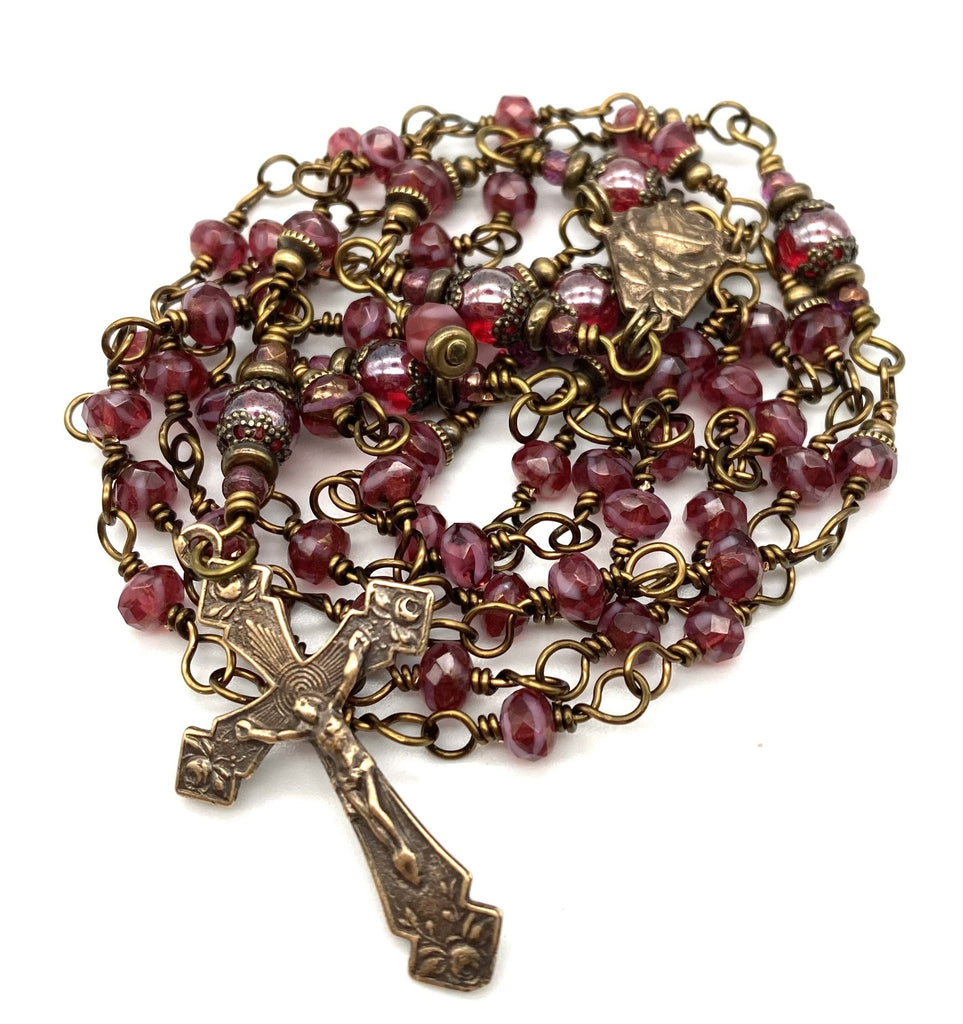 Raspberry Czech Glass Wire Wrapped Catholic Heirloom Rosary Petite