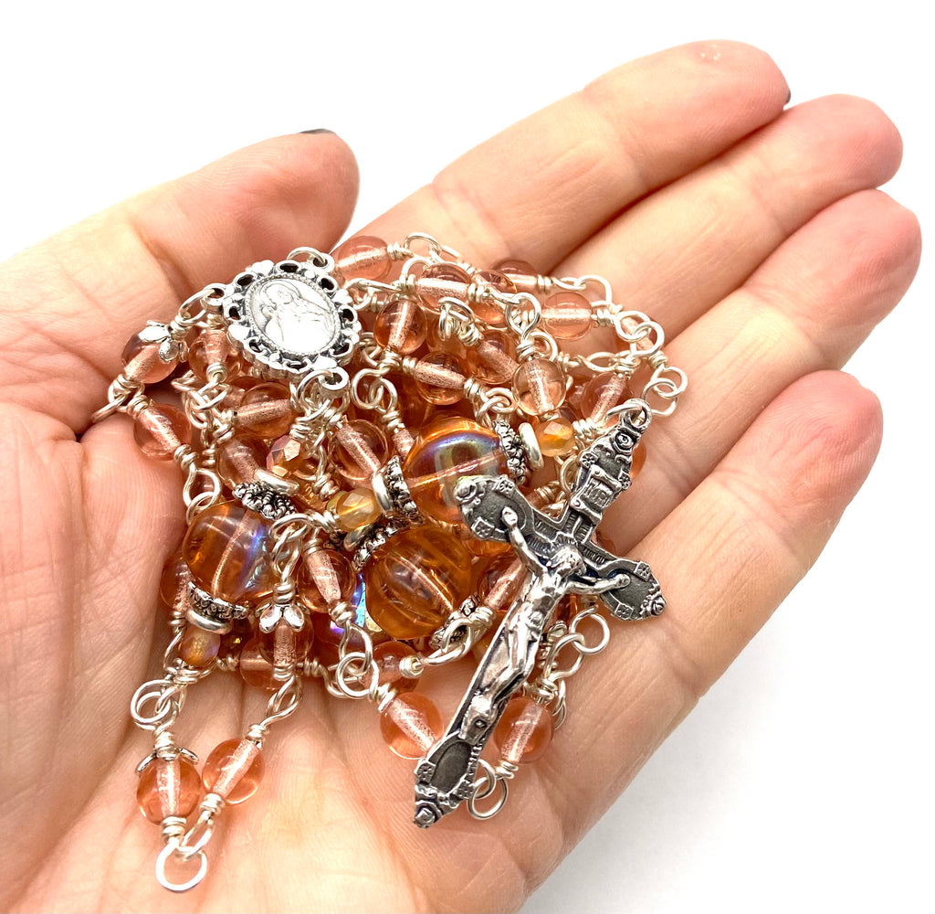Silver Rosaline Czech Glass Wire Wrapped Catholic Heirloom Rosary Medium