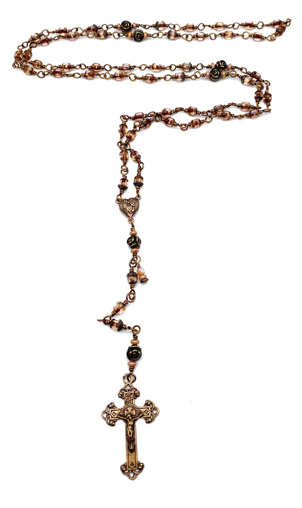 Rose Bronzed Czech Glass Wire Wrapped Catholic Heirloom Rosary Medium