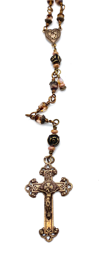 Rose Bronzed Czech Glass Wire Wrapped Catholic Heirloom Rosary Medium