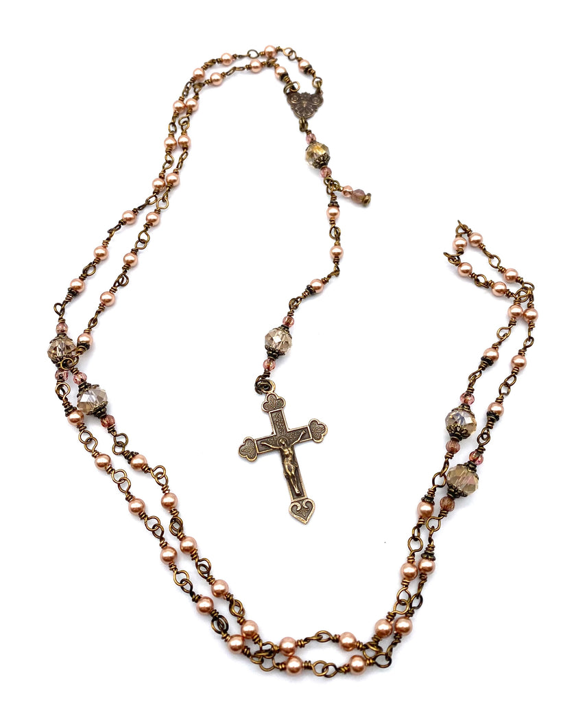 Rose Gold Swarovski Pearl Wire Wrapped Catholic Heirloom Rosary Petite