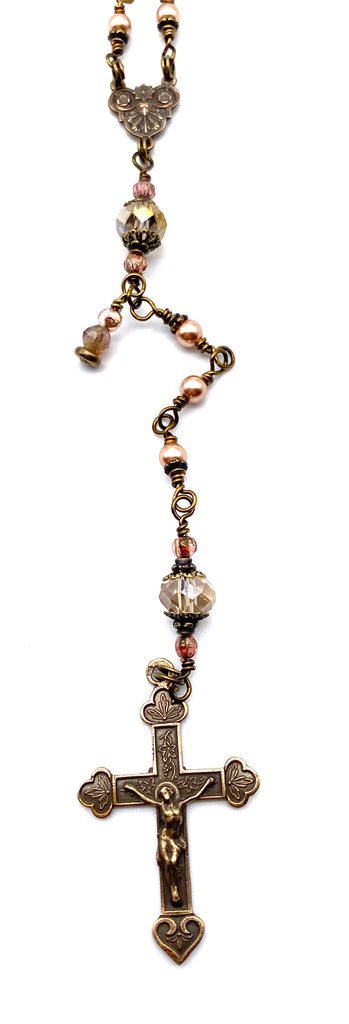 Rose Gold Swarovski Pearl Wire Wrapped Catholic Heirloom Rosary Petite