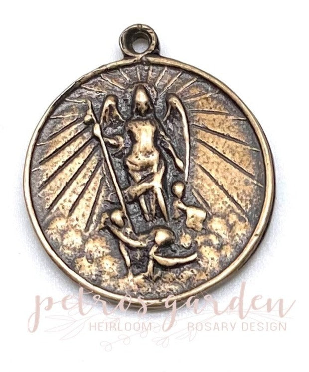Solid Bronze SAINT MICHAEL with RAYS Catholic Medal, Catholic Pendant, Antique/Vintage #PG7111