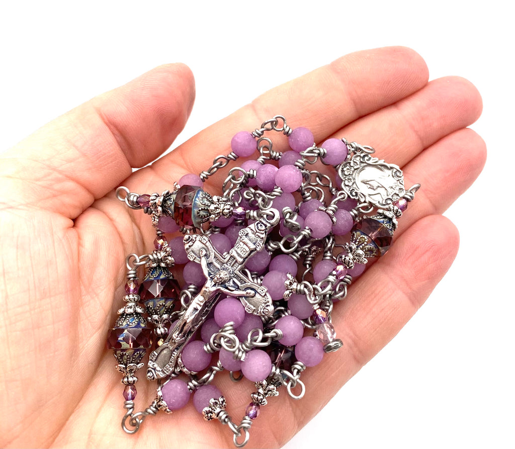 Silver Plum Violet Jade Matte Gemstone Wire Wrapped Catholic Heirloom Rosary Medium