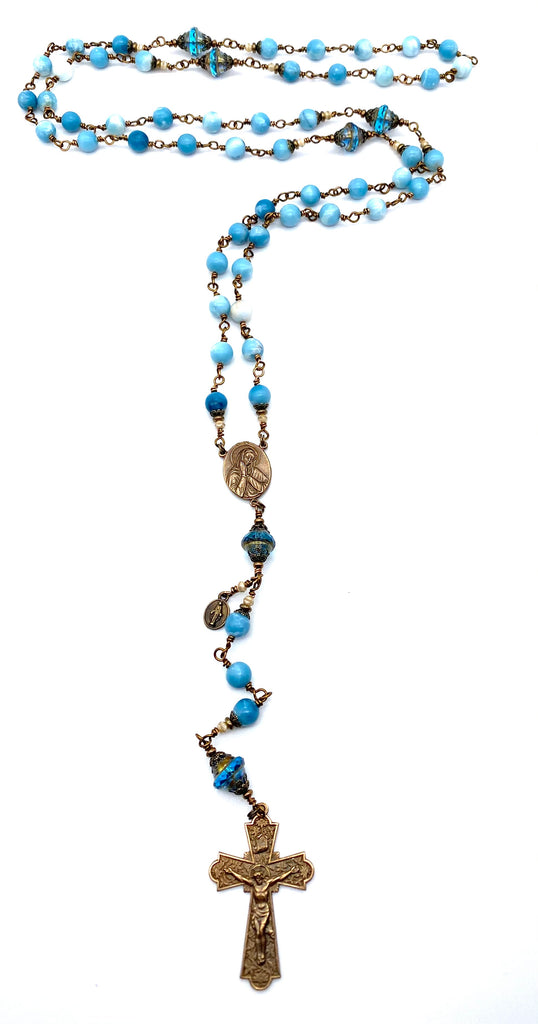 Sky Blue Quartz Gemstone Wire Wrapped Catholic Heirloom Rosary Large