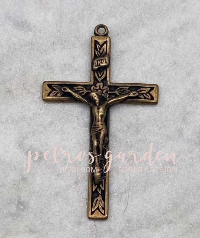 Solid Bronze LEAVES STRAIGHT EDGE Rosary Crucifix, Catholic Pendant, Antique/Vintage Reproduction #PG4114