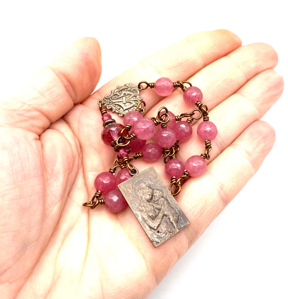 Strawberry Sorbet Faceted Jade Gemstones Wire Wrapped Catholic Heirloom St. Andrew CHRISTMAS NOVENA Chaplet