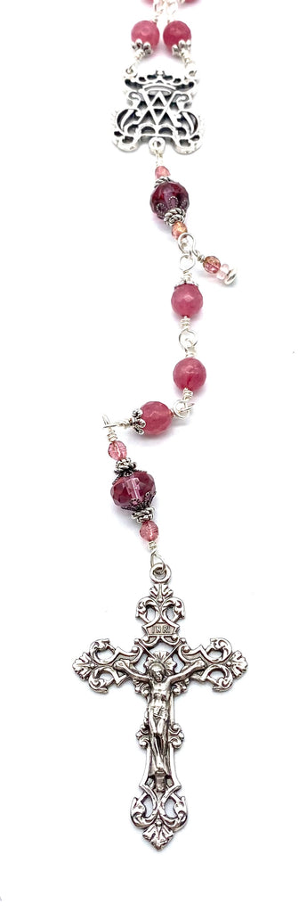 Silver Strawberry Sorbet Jade Gemstone Wire Wrapped Catholic Heirloom Rosary Large