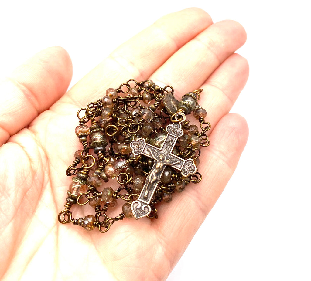 Topaz Rose Czech Glass Wire Wrapped Catholic Heirloom Rosary Petite