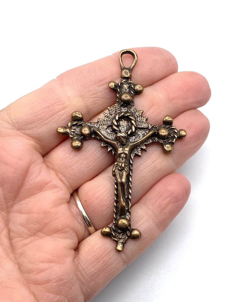 Solid Bronze 19C EUROPEAN LARGE Rosary Crucifix Antique Vintage Reproduction #PG4141