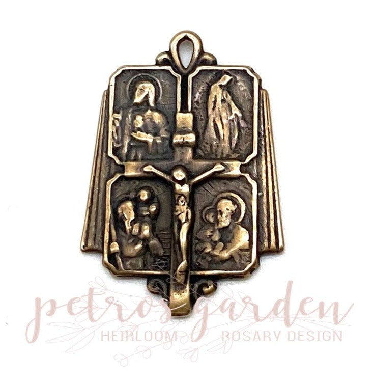 Solid Bronze 4 WAY CRUCIFIX HOLY FAMILY Catholic Medal, Religious Charm, Antique/Vintage Reproduction #PG7121