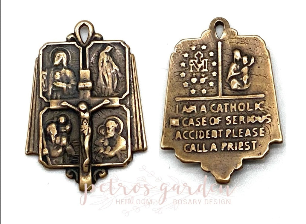 Solid Bronze 4 WAY CRUCIFIX HOLY FAMILY Catholic Medal, Religious Charm, Antique/Vintage Reproduction #PG7121