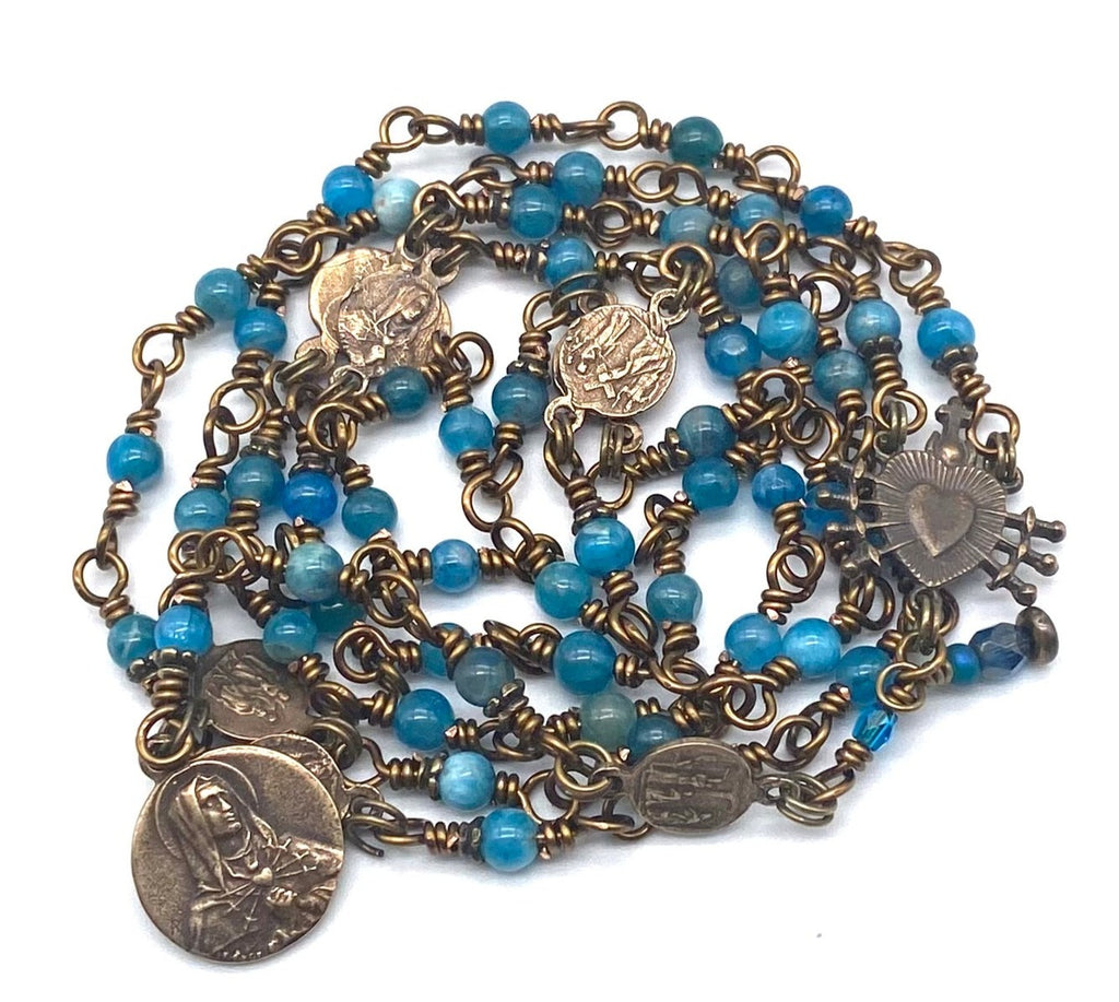 Seven Sorrows Rosary, Pacific Blue Apatite Gemstone Heirloom Catholic Servite Delores Rosary Wire Wrapped Solid Bronze PETITE