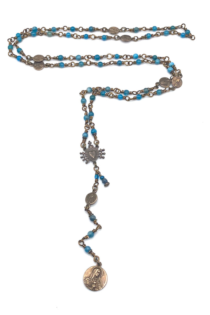 Pacific Blue Apatite Gemstone Catholic Heirloom Rosary of the Seven Sorrows Petite